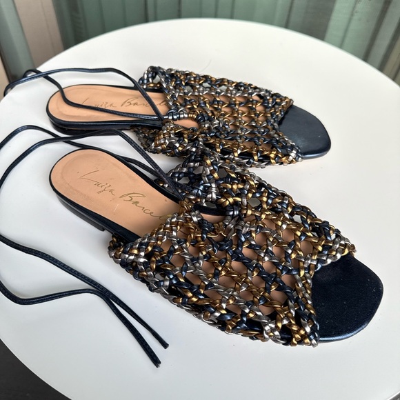 Luiza Barcelos Metallic Woven Lace-Up Sandals Navy Blue Gold Silver Size 8 - Picture 7 of 9